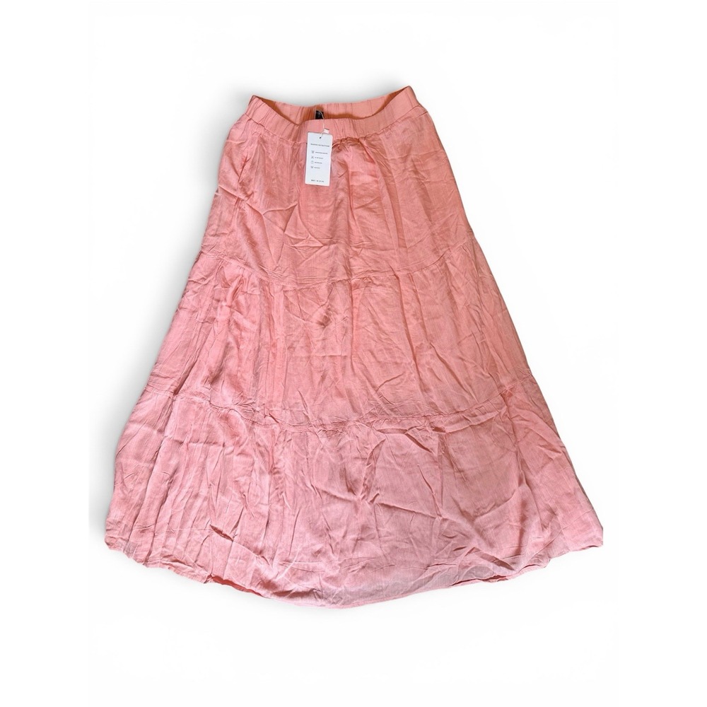 Zesica Womens Pink Tiered Maxi Skirt Elastic Waist Boho Flowy Peach Size L NWT